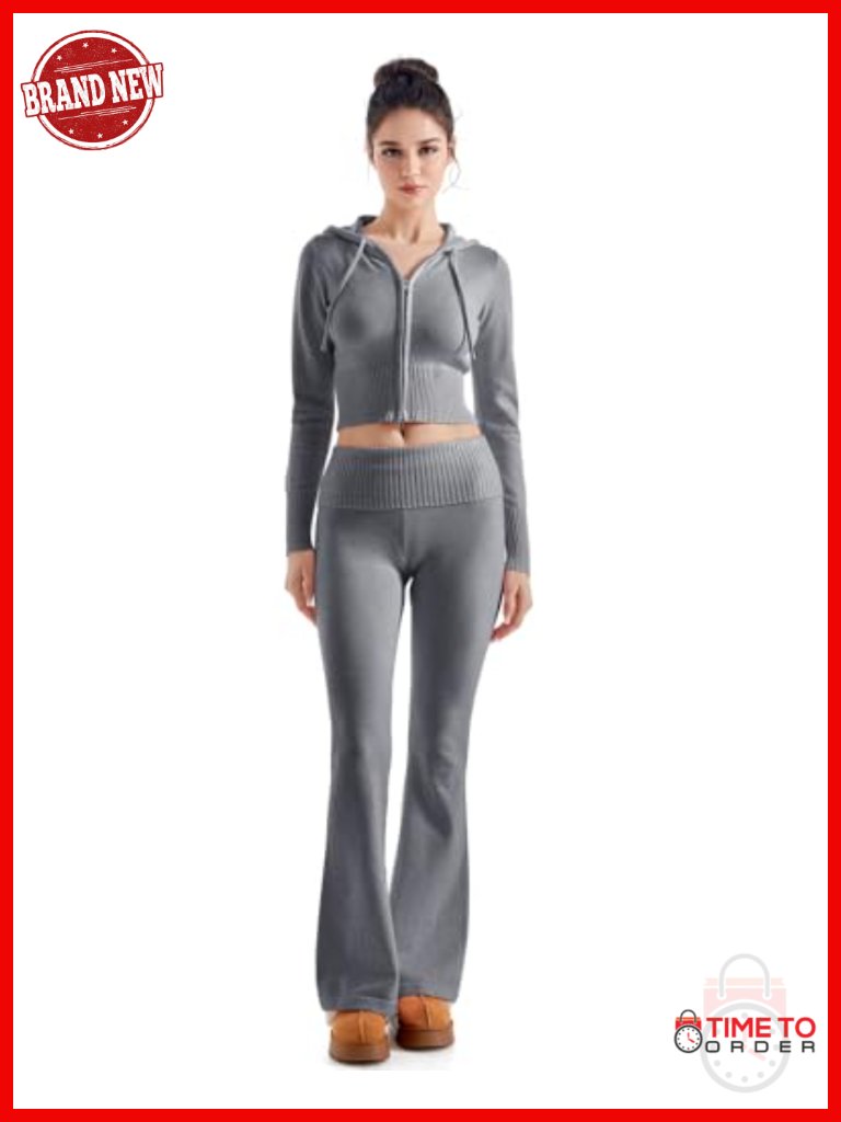 2 Piece Knit Zip Up Hoodie Set With Foldover Flare Leg Pants
